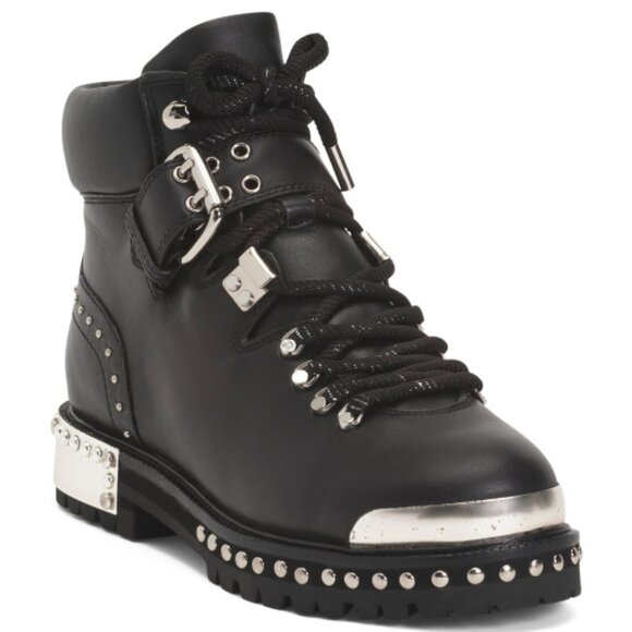 NEW LOLA CRUZ Leather Lace Up studded moto Booties in black for women 72 10j5 - Picture 5 of 8